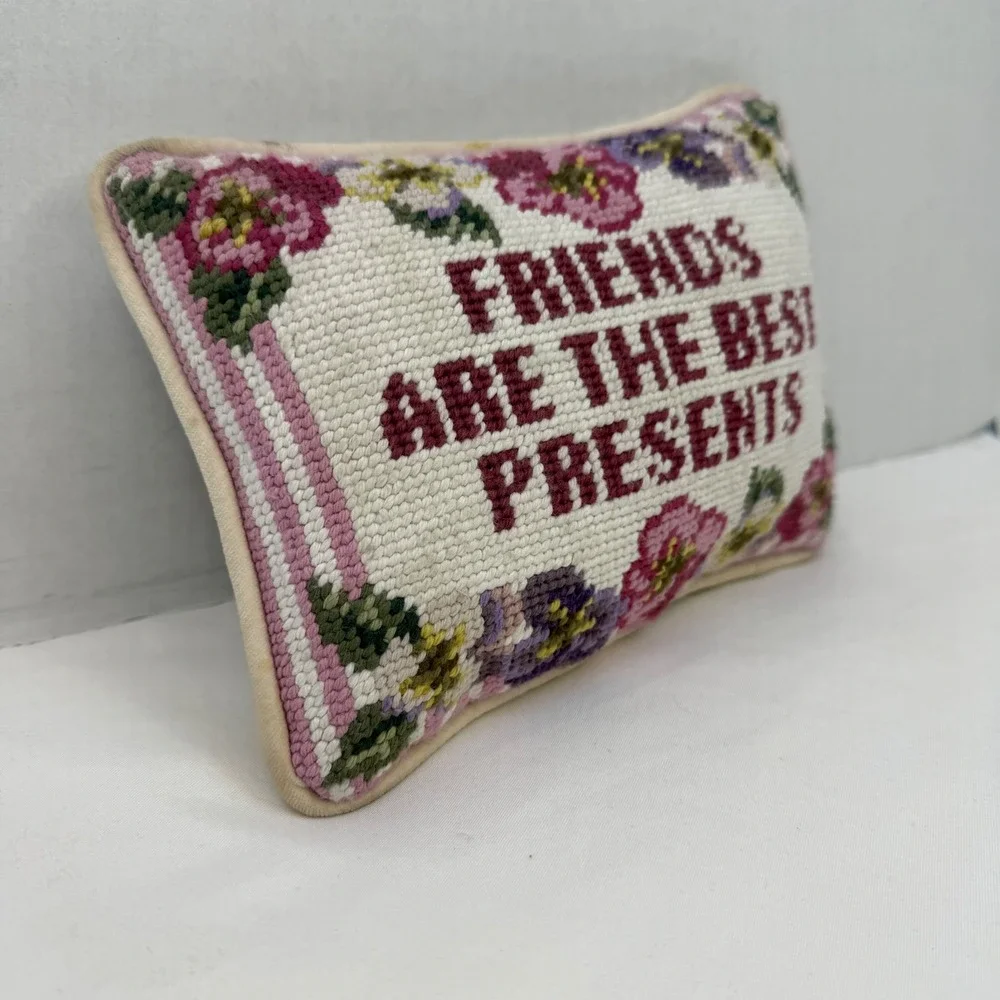Vintage Needlepoint Pillow Friends Are The Best Presents Floral Pansy Decor 9x7